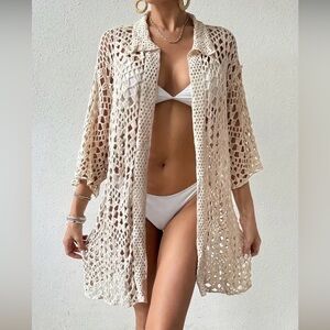 Elegant Cream Crochet Swim Cover-Up/ Cardigan